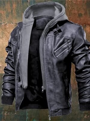 Faux Leather Jacket Plain Fashion Classic Hooded Regular Jacket Gray