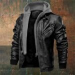 Leather Jacket Plain Fashion Classic Hooded Regular Jacket Black