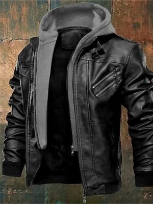 Leather Jacket Plain Fashion Classic Hooded Regular Jacket Black