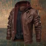 Men's Faux Leather Jacket Plain Fashion Classic Hooded Regular Jacket Coffee