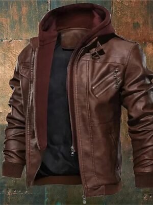Men's Faux Leather Jacket Plain Fashion Classic Hooded Regular Jacket Coffee