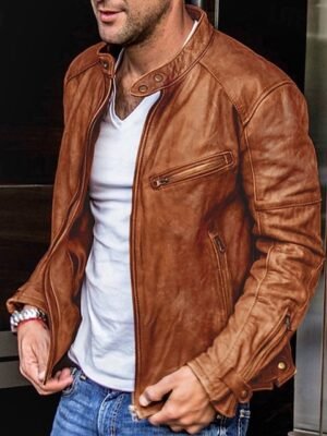 Plain Fashion Classic Stand Collar Regular Faux Leather Brown