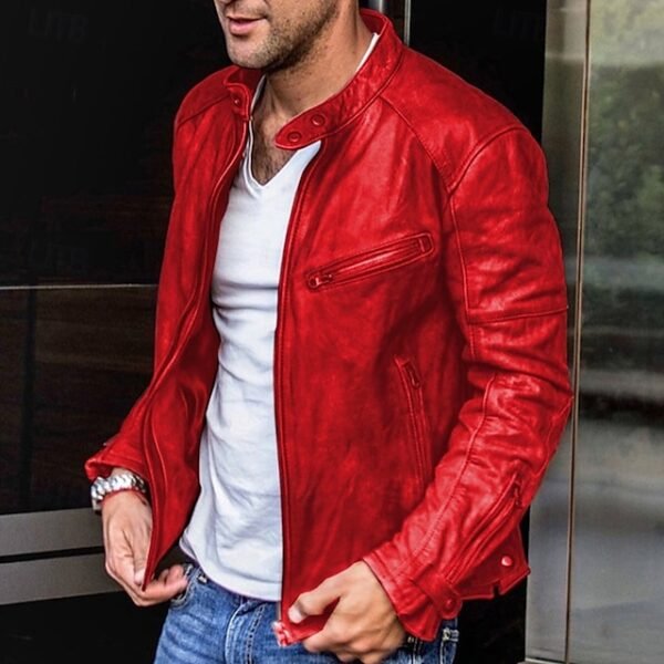 Men's Faux Leather Jacket Transition Jacket Vintage Leather Jacket Red
