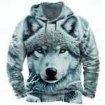 Men's Wolf 3D Hoodies Sweatshirt Long Sleeve Crew Neck Streetwear Blue Drawstring Fall Winter