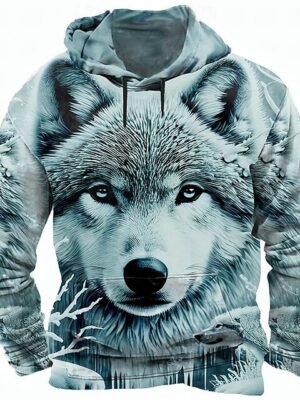 Men's Wolf 3D Hoodies Sweatshirt Long Sleeve Crew Neck Streetwear Blue Drawstring Fall Winter