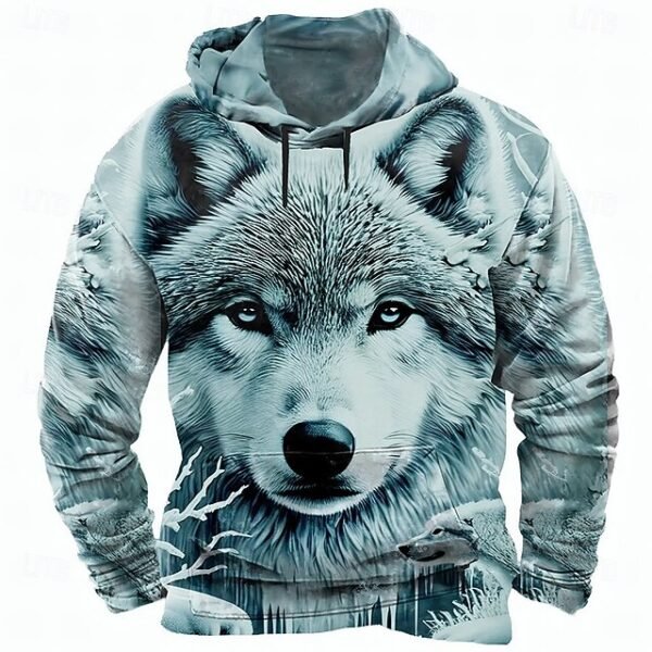 Men's Wolf 3D Hoodies Sweatshirt Long Sleeve Crew Neck Streetwear Blue Drawstring Fall Winter
