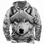 Men's Wolf 3D Hoodies Sweatshirt Long Sleeve Crew Neck Streetwear White