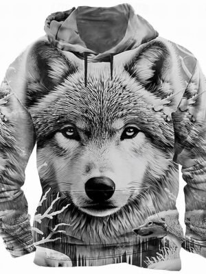 Men's Wolf 3D Hoodies Sweatshirt Long Sleeve Crew Neck Streetwear White