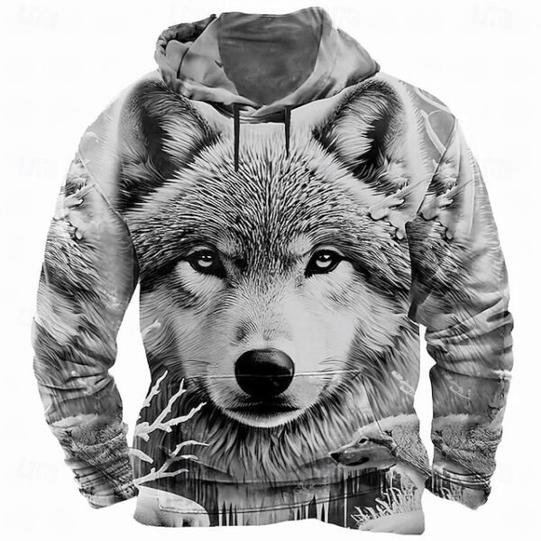 Men's Wolf 3D Hoodies Sweatshirt Long Sleeve Crew Neck Streetwear White