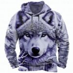 Long Sleeve Crew Neck Streetwear Purple Drawstring Wolf 3D Hoodies