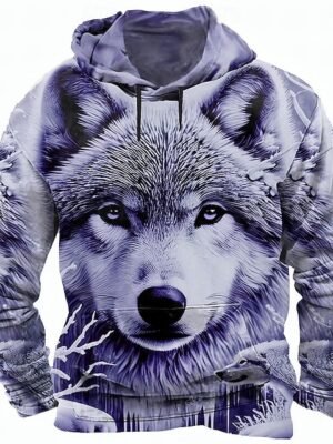 Long Sleeve Crew Neck Streetwear Purple Drawstring Wolf 3D Hoodies