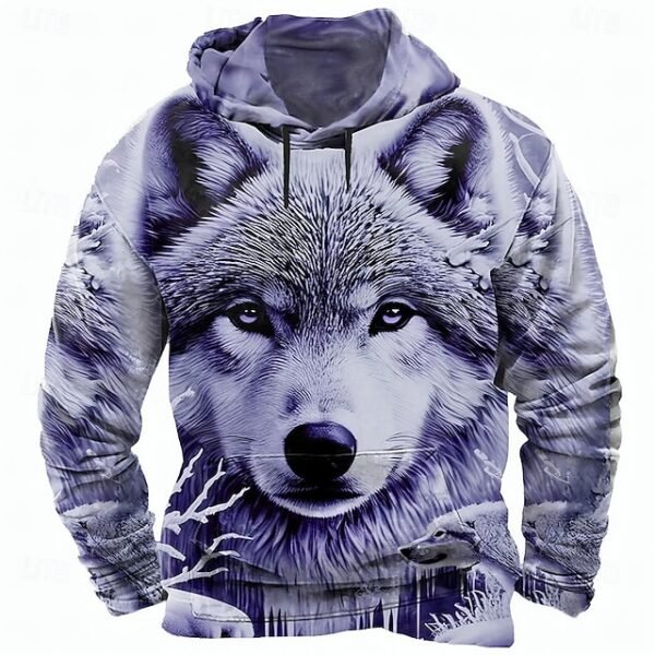 Long Sleeve Crew Neck Streetwear Purple Drawstring Wolf 3D Hoodies