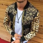 Pocket Print Fall Leopard Floral Streetwear Regular Gold Jacket