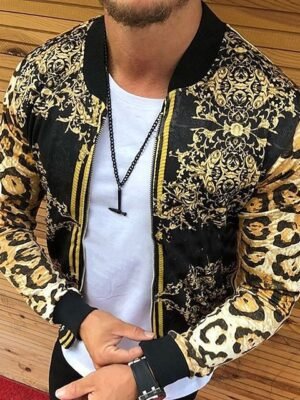 Pocket Print Fall Leopard Floral Streetwear Regular Gold Jacket