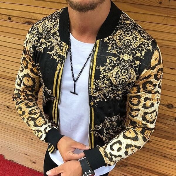 Pocket Print Fall Leopard Floral Streetwear Regular Gold Jacket